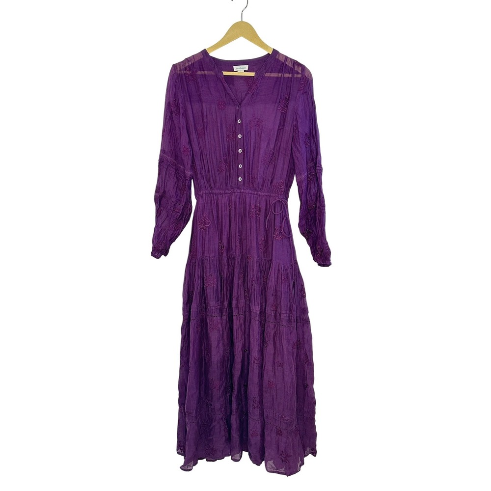 Sundance‎ Purple Cotton Silk Embroidered Tiered Maxi Dress Purple Boho Womens M